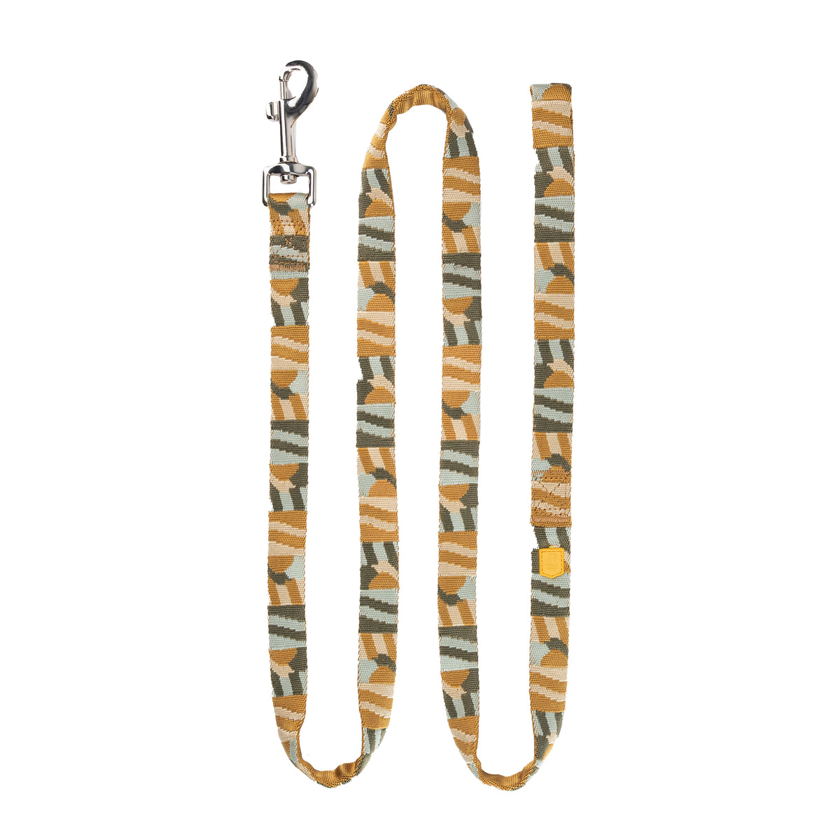 Patterned dog leash with a yellow, white, and green abstract design and a silver metal clasp.