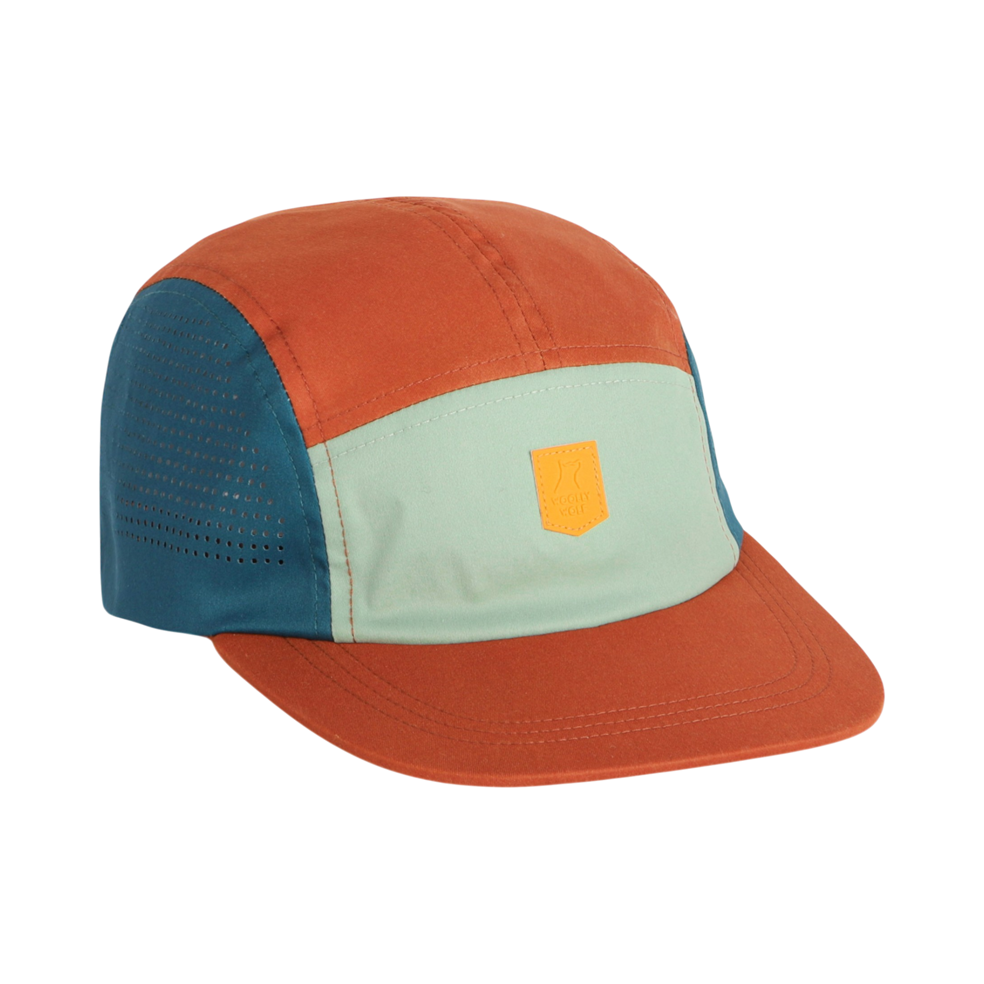 Color-blocked cap with orange, teal, and mint green panels and a yellow patch on the front.