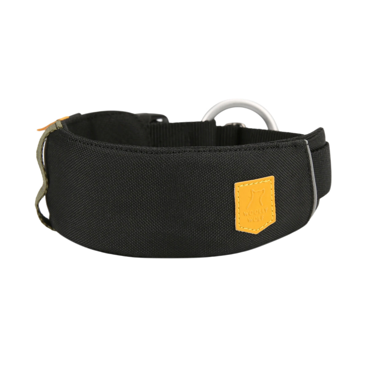 Black dog collar with a metal D-ring and a yellow Woolly Wolf logo patch.