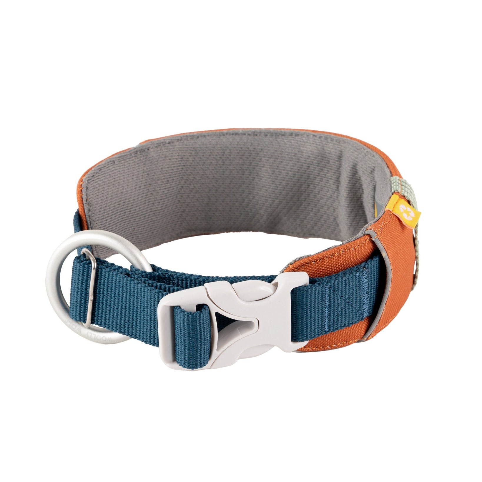 A blue and orange dog collar with a silver D-ring, grey inner padding, and a white plastic buckle, displayed on a white background.