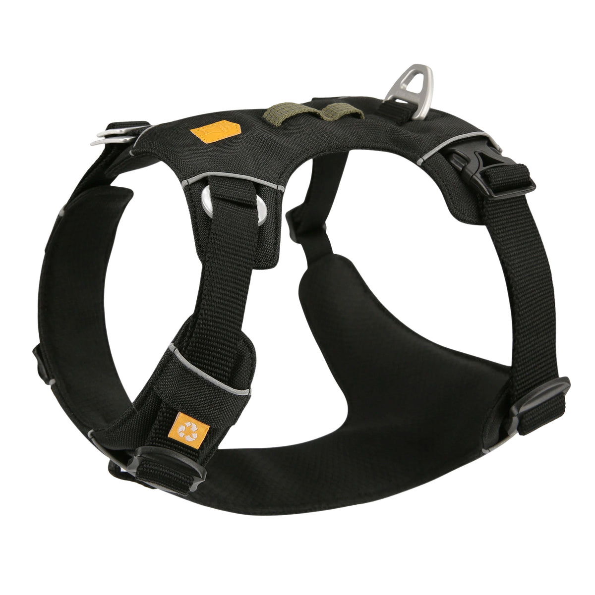 Black dog harness with adjustable straps and metal leash attachment point.