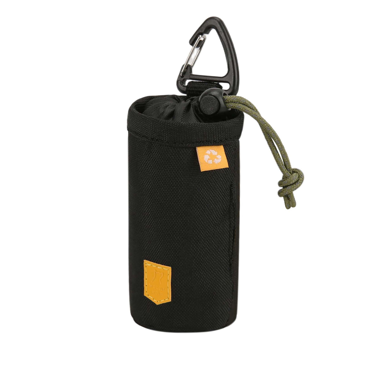 Black drawstring pouch with a yellow patch, green cord, and a carabiner clip attached at the top.