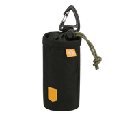 Black cylindrical bottle pouch with a drawstring top and carabiner clip.