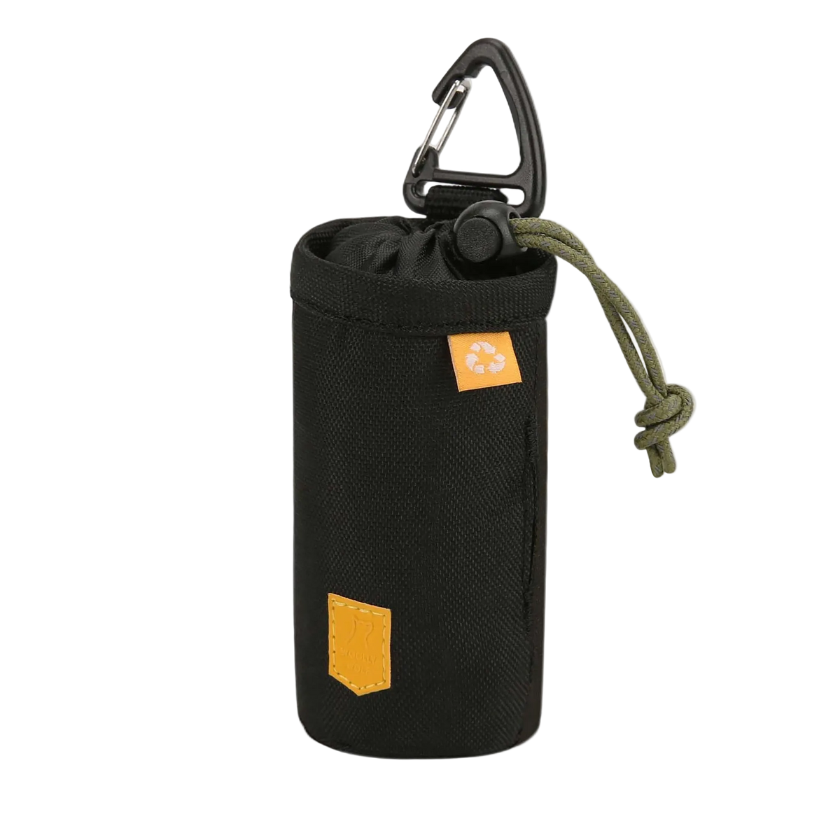 Black cylindrical bottle pouch with a drawstring top and carabiner clip.