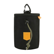 Black cylindrical treat pouch with a drawstring closure and Woolly Wolf logo patch.
