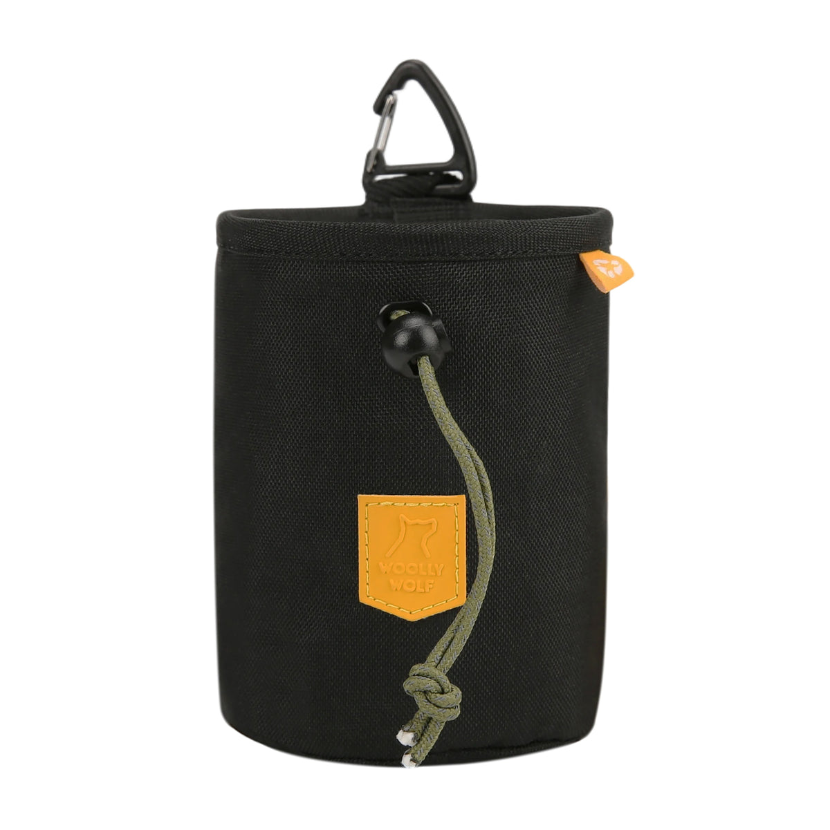 Black cylindrical treat pouch with a drawstring closure and Woolly Wolf logo patch.