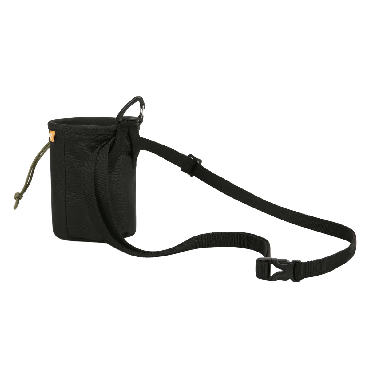 Black cylindrical treat pouch with an adjustable shoulder strap and carabiner.