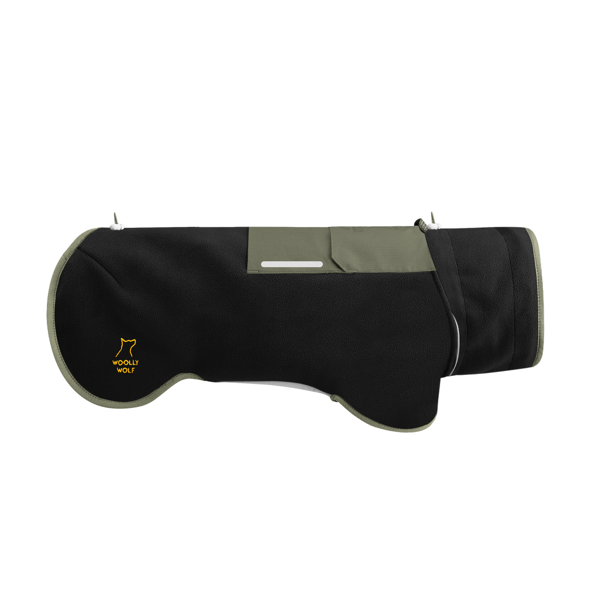 Black and olive green dog coat with the Woolly Wolf logo.