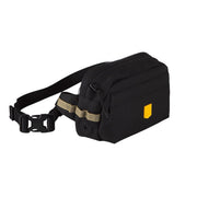 Black waist bag with a yellow patch, zipper pockets, and an adjustable strap with a plastic buckle.