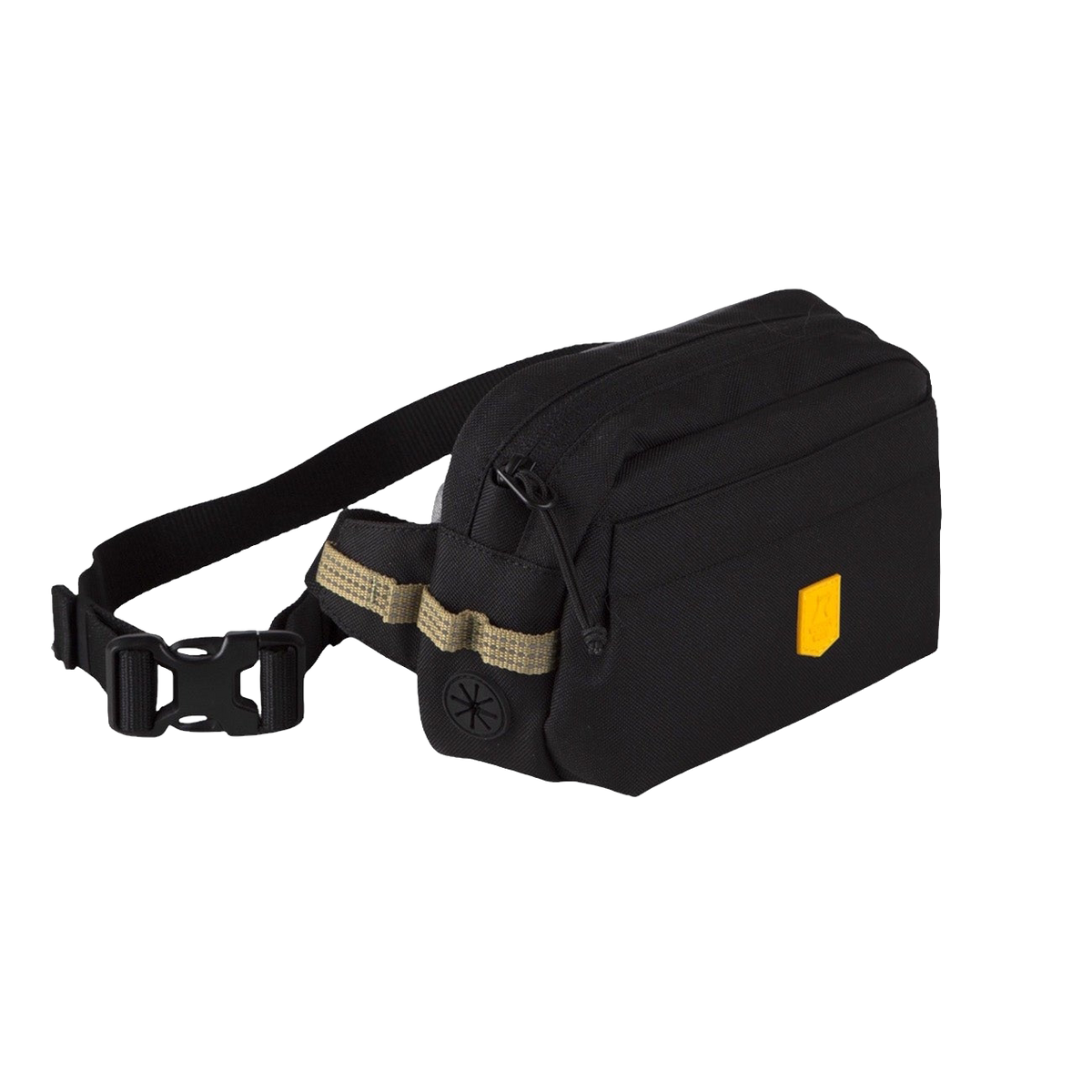 Black fanny pack with a yellow logo tag and an adjustable buckled strap.