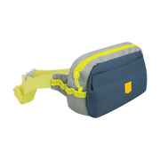 Blue and gray waist bag with a yellow zipper, yellow strap, and a small yellow patch on the front.