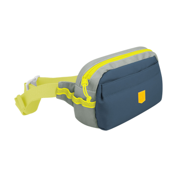 Blue and gray waist bag with a yellow zipper, yellow strap, and a small yellow patch on the front.
