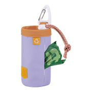 Lavender dog waste bag holder with a carabiner, orange trim, and green bag partially dispensed.
