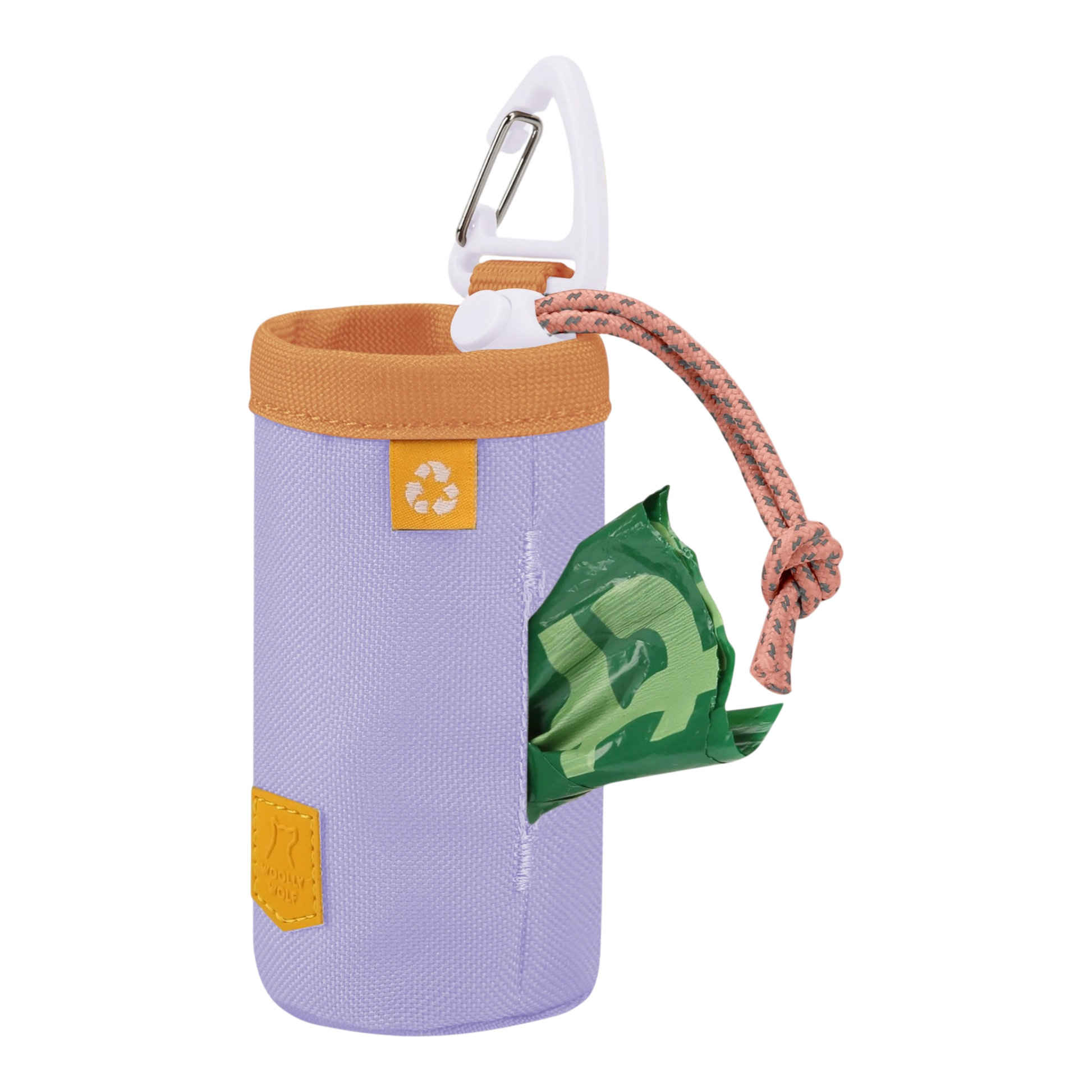 Lavender dog waste bag holder with a carabiner, orange trim, and green bag partially dispensed.