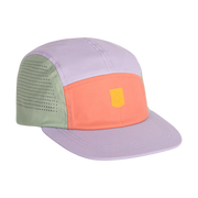 A pastel-colored five-panel cap with green, orange, and lavender sections and a small front patch.