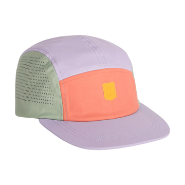 A pastel-colored five-panel cap with green, orange, and lavender sections and a small front patch.