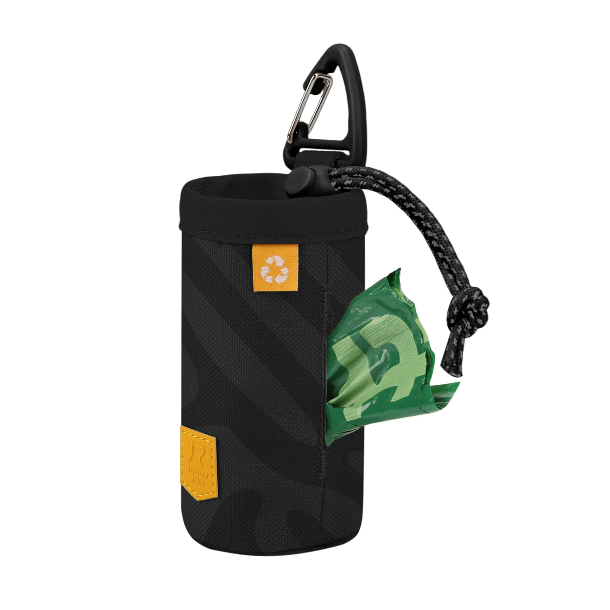Black dog waste bag holder with a carabiner, drawstring, and a green waste bag partially dispensed.