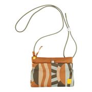 Small crossbody bag with abstract brown, tan, and green patterns and a green cord strap.