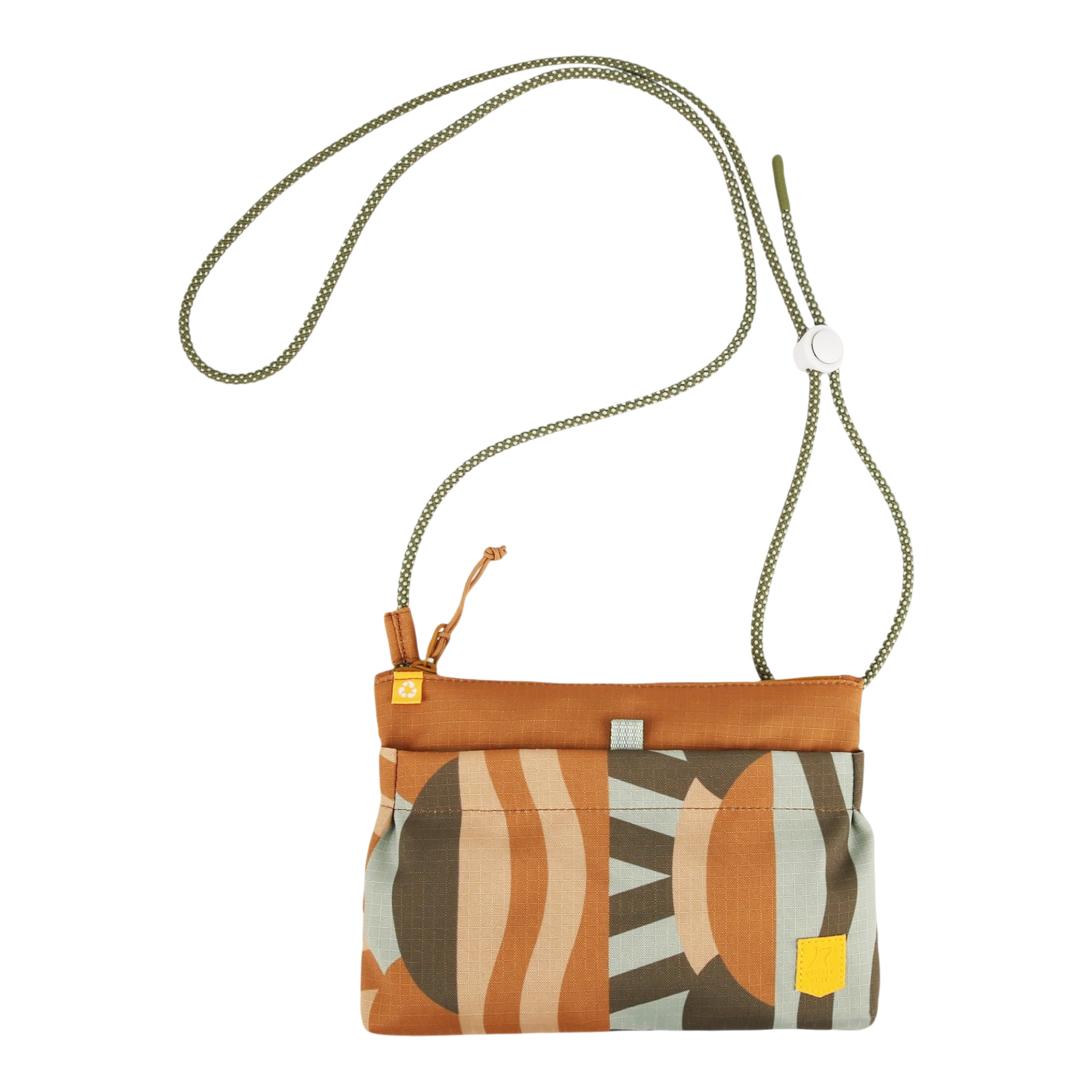 Small crossbody bag with abstract brown, tan, and green patterns and a green cord strap.