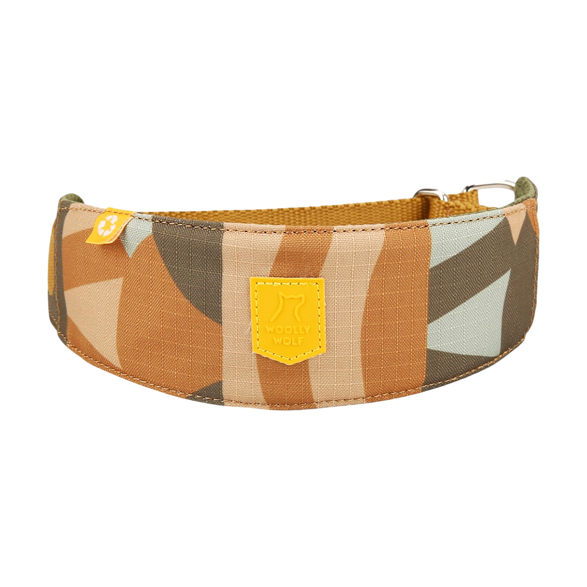 Wide dog collar with a geometric brown, tan, and green pattern and a yellow Woolly Wolf logo patch.