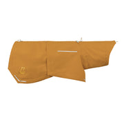 A mustard yellow dog raincoat with reflective strips and a small logo on the side.