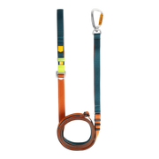 A teal and orange dog leash with a metal carabiner clasp, laid out flat on a white background.