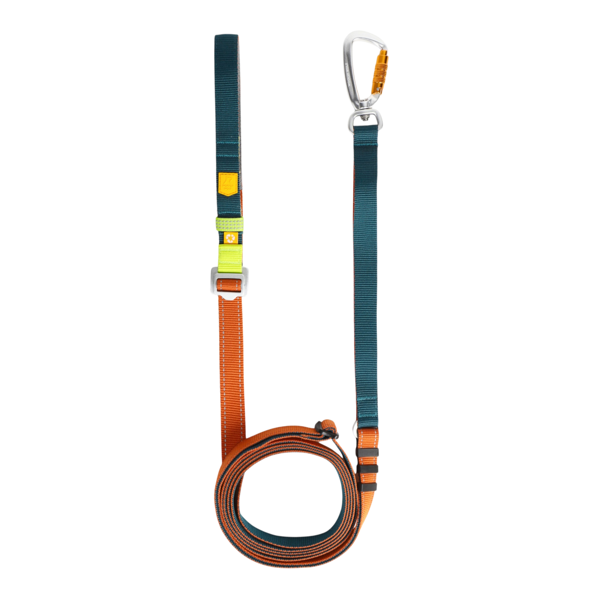 A teal and orange dog leash with a metal carabiner clasp, laid out flat on a white background.