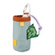 Light blue fabric dog waste bag holder with a carabiner and a green bag visible through a side opening.