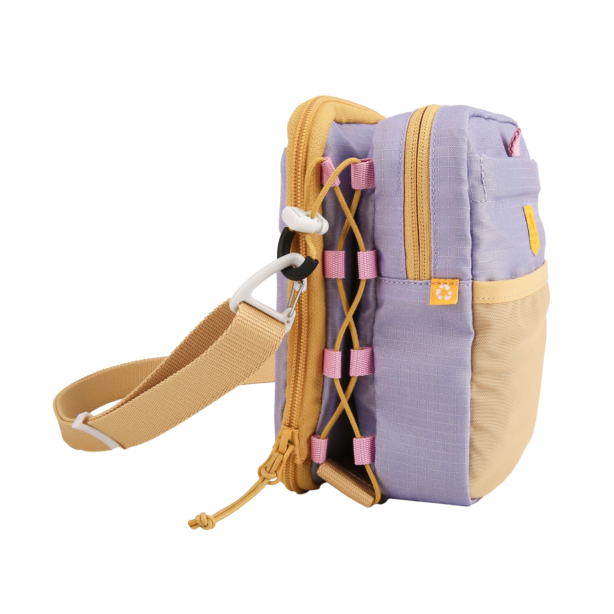 Side view of a small, pastel purple and beige crossbody bag with yellow zipper and adjustable strap.