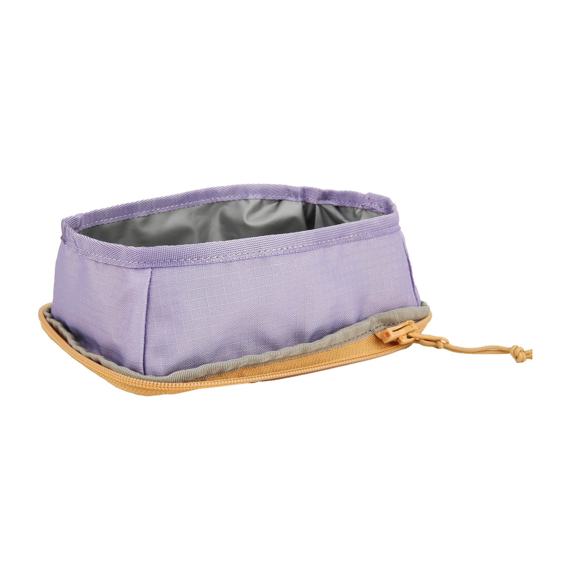 A collapsible, purple fabric bowl with a tan zipper and drawstring, shown open on a white background.