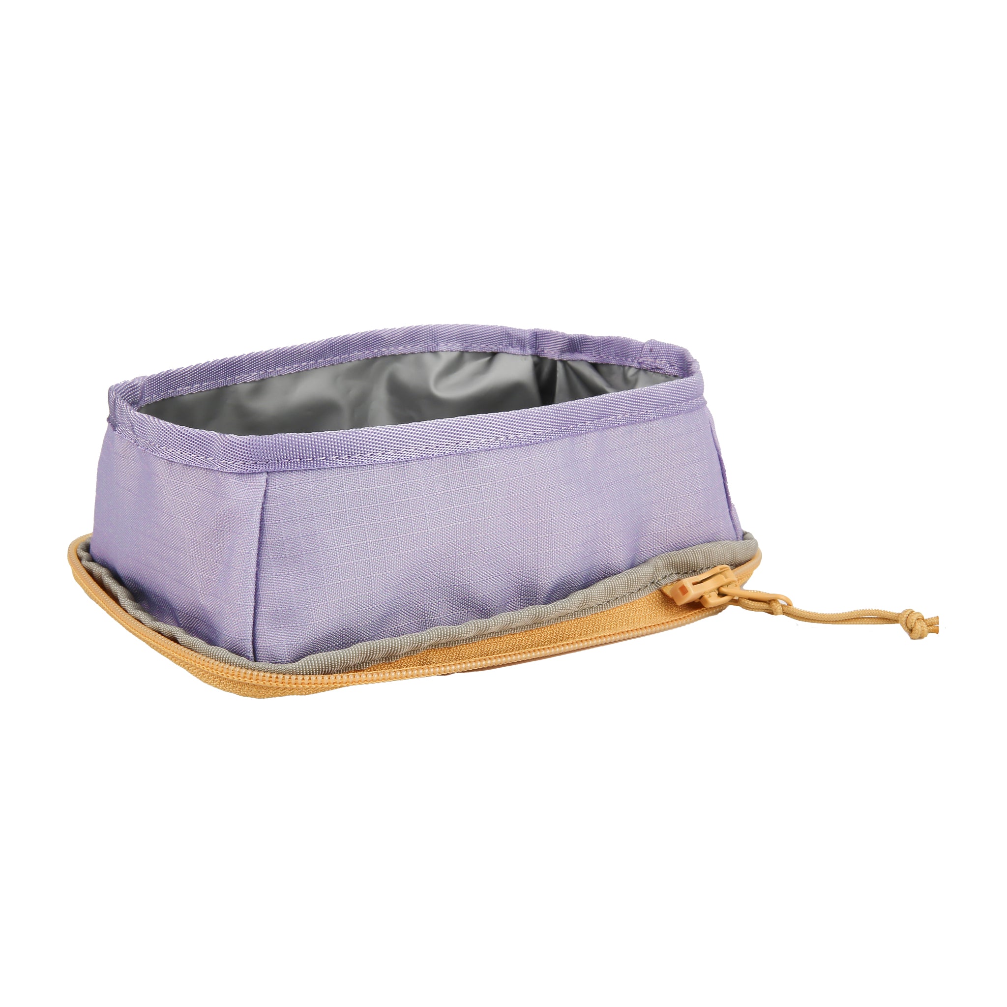 A collapsible, purple fabric bowl with a tan zipper and drawstring, shown open on a white background.