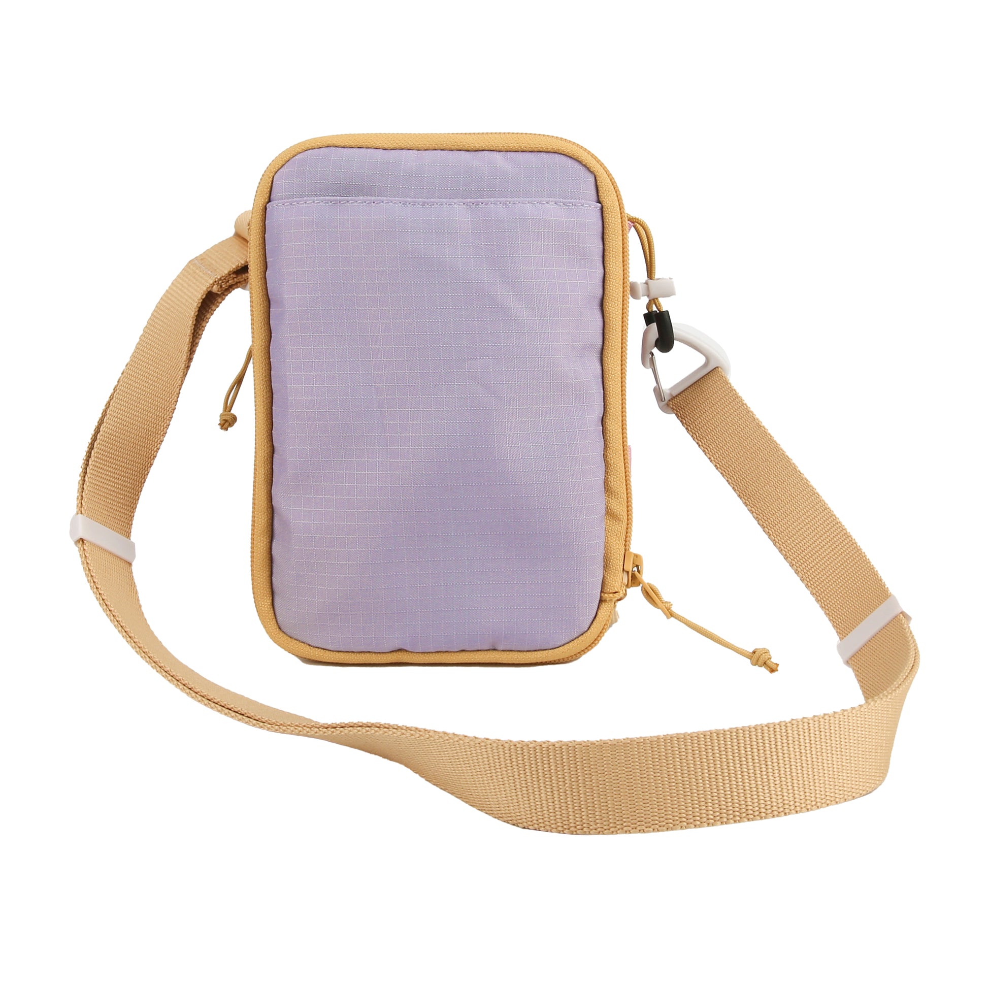 Small lavender pouch with a tan zipper and adjustable shoulder strap, displayed on a white background.