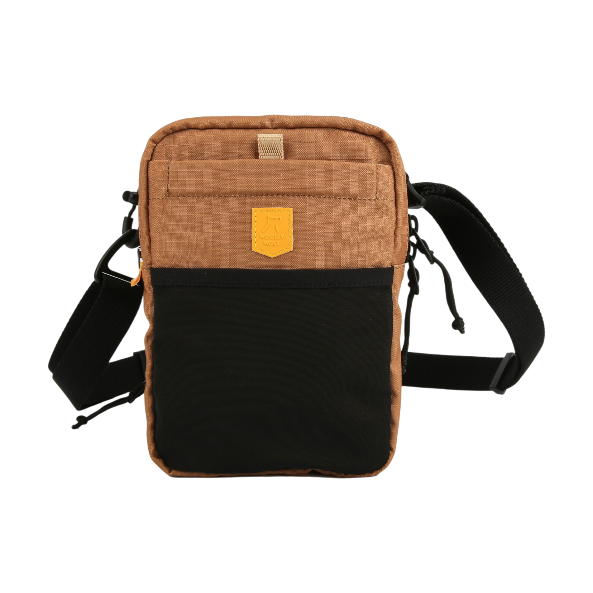 Small brown and black crossbody bag with adjustable strap and front pocket against a white background.