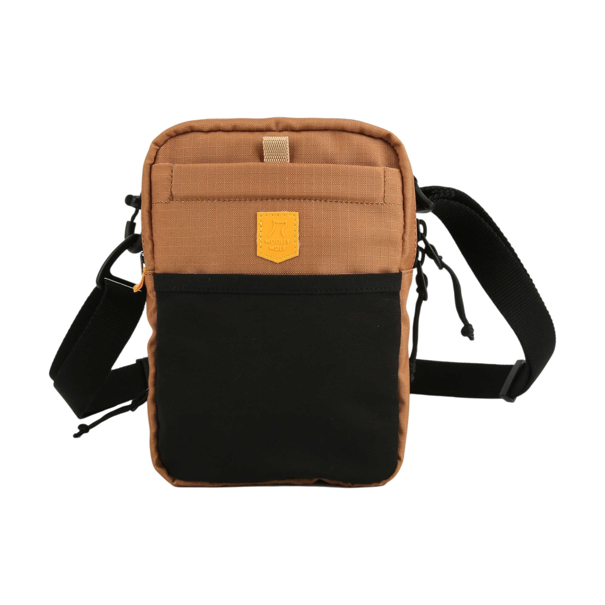 Small brown and black crossbody bag with adjustable strap and front pocket against a white background.