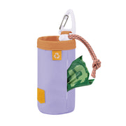 Lavender dog waste bag holder with a carabiner and a green bag partially pulled out.