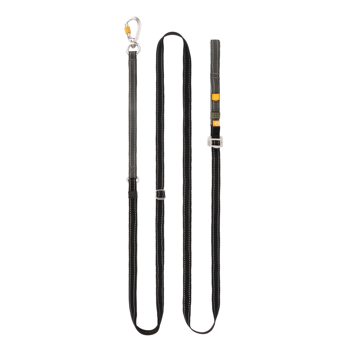 Black dog leash with a metal carabiner and adjustable sliding buckles.