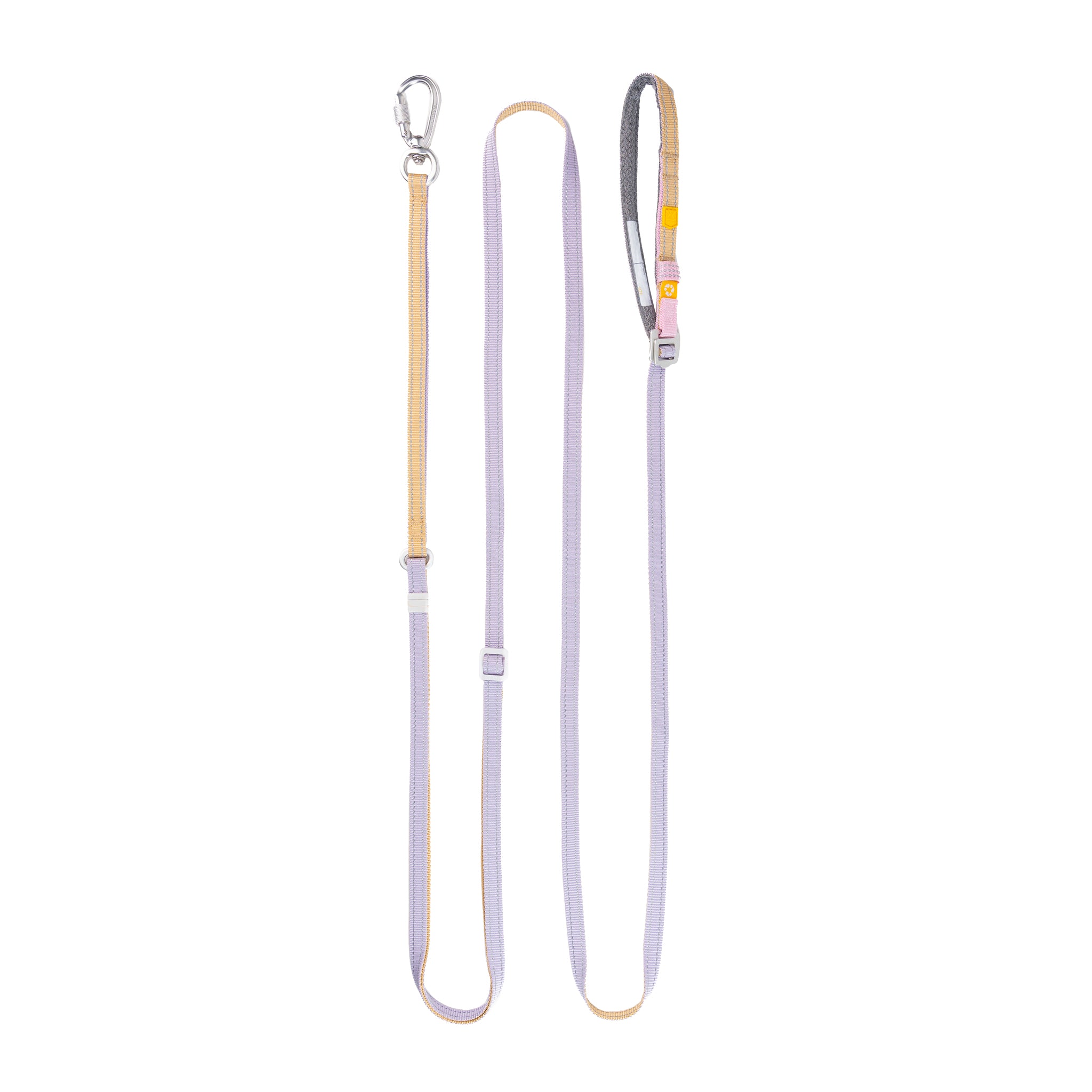 A lavender and beige adjustable dog leash with metal clasp and plastic buckle, laid flat on a white background.