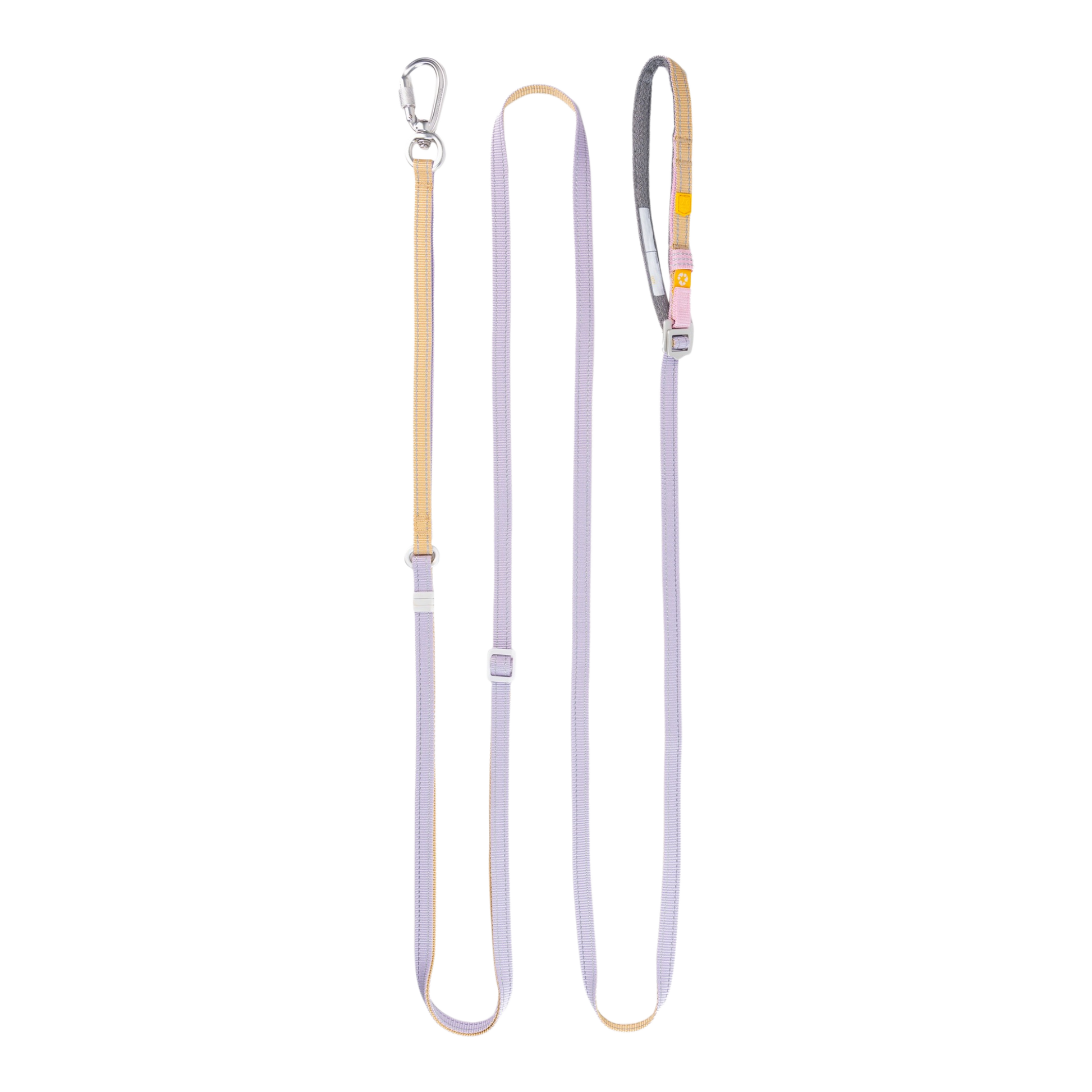 A light purple and tan dog leash with a metal clip and an adjustable handle, shown on a white background.