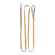 A yellow and olive green dog leash with a metal clasp and adjustable loop handle on a white background.