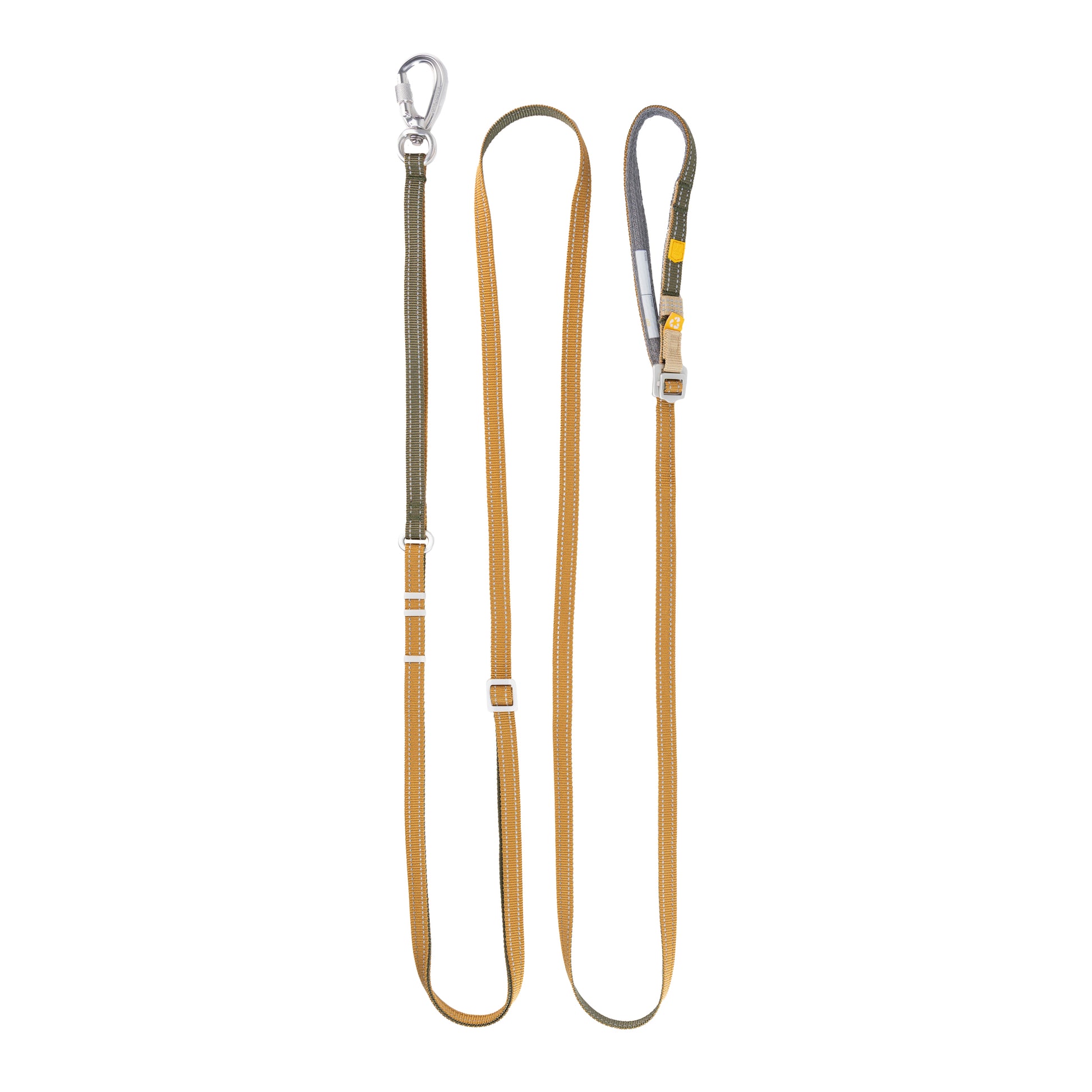 A yellow and olive green dog leash with a metal clasp and adjustable loop handle on a white background.