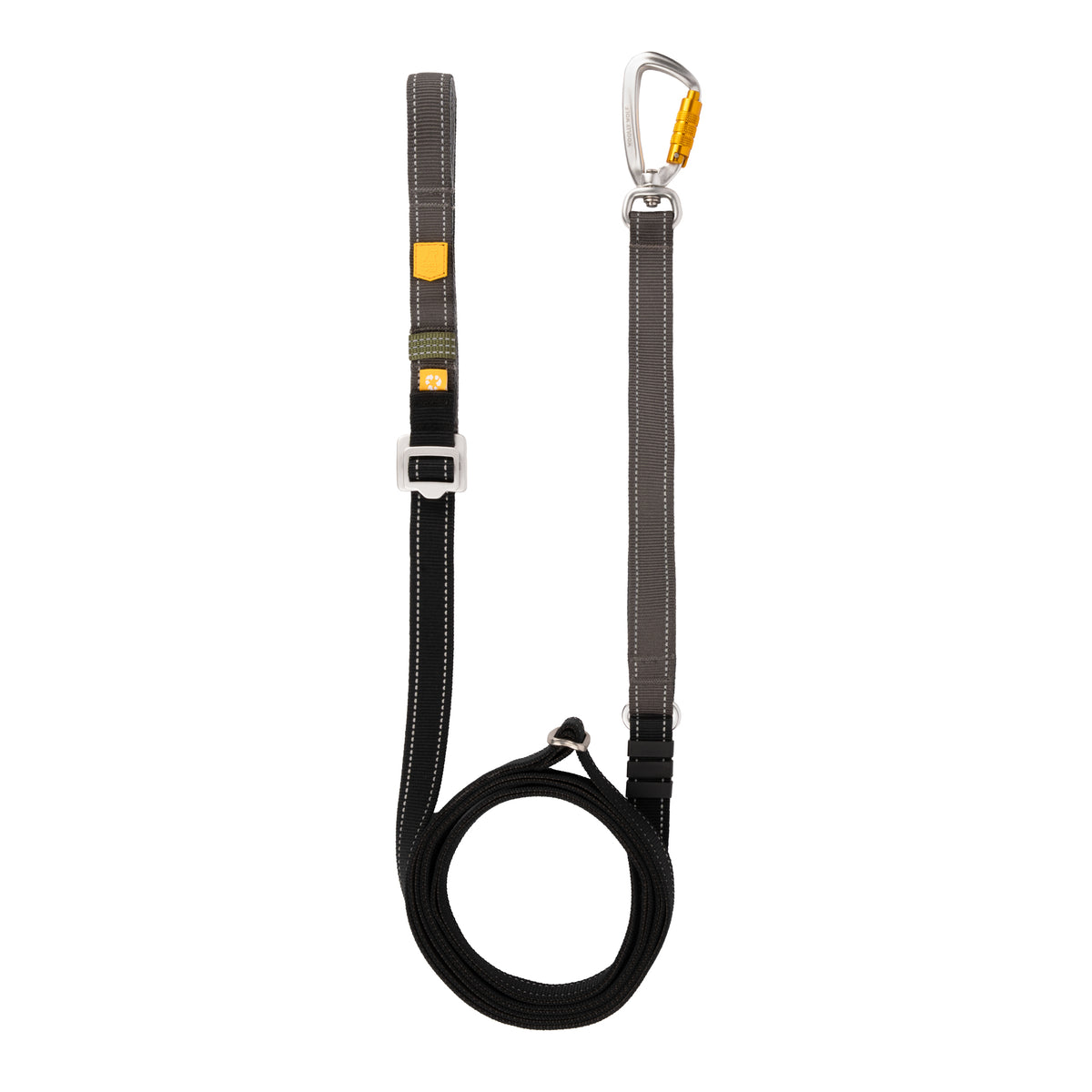 Black nylon climbing tether with an adjustable slider and a metal carabiner.