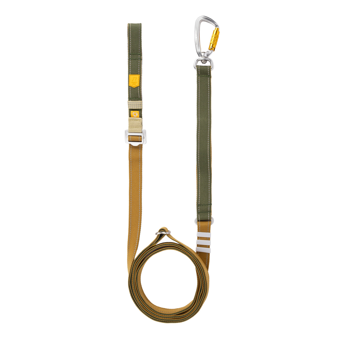 Olive and tan climbing lanyard with an adjustable buckle and a locking carabiner.