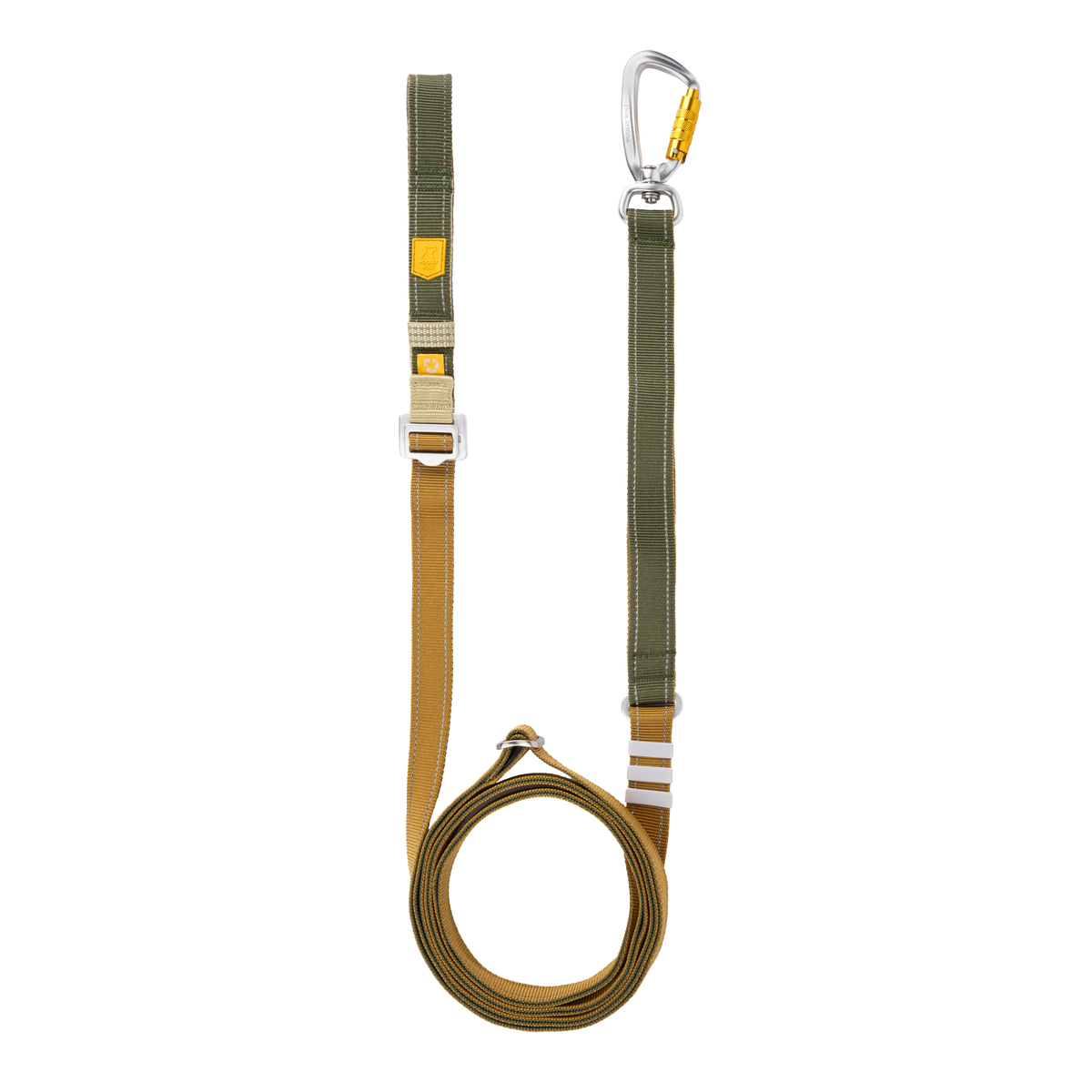 Adjustable climbing lanyard with a carabiner attached to one end and a coiled webbing strap.