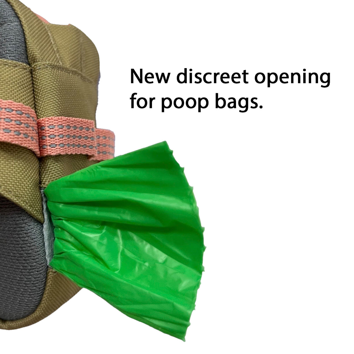 Green poop bag pulled from a discreet opening in a khaki fabric pouch with text beside it.