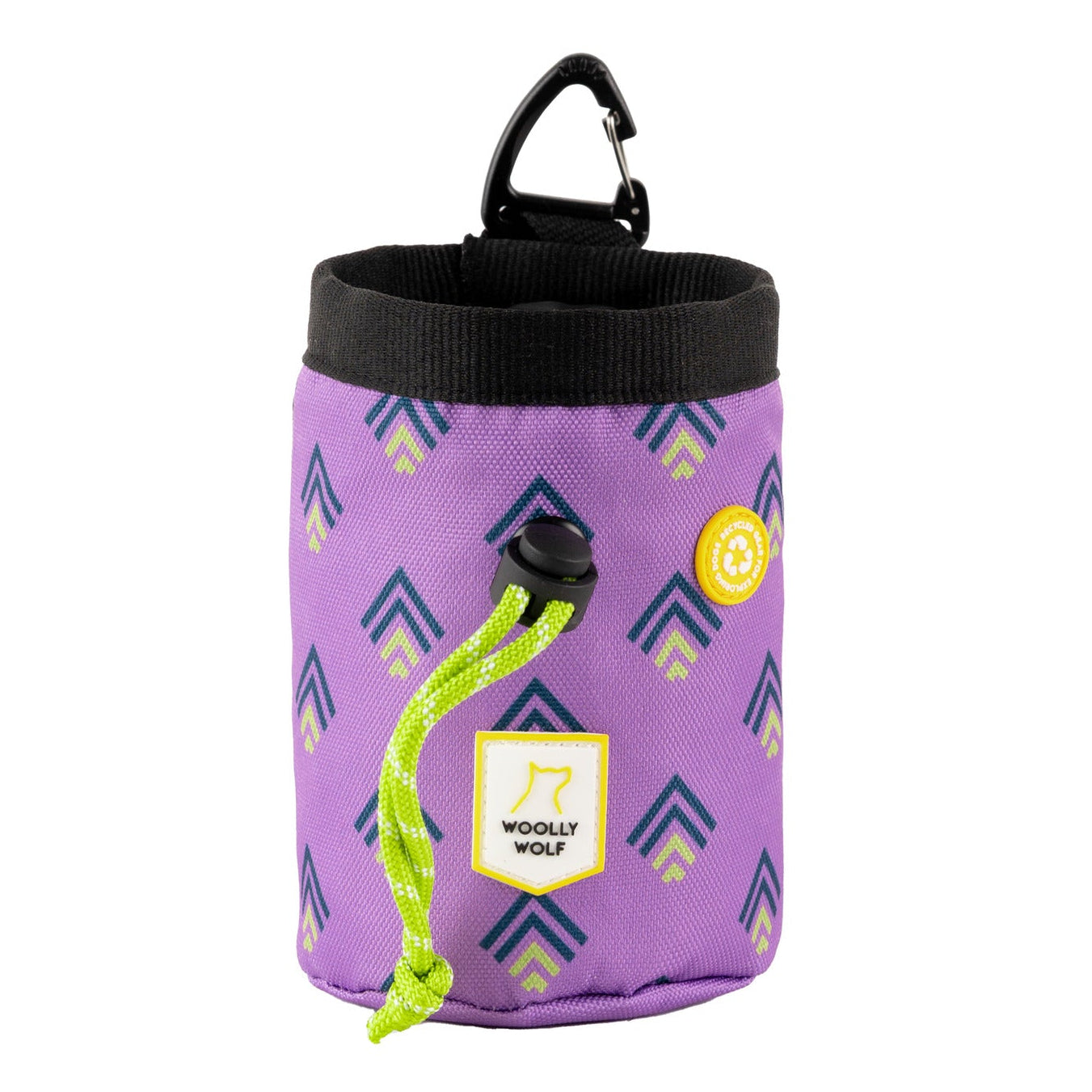 A small, purple fabric pouch with a black drawstring, green cord, and carabiner clip. It features a geometric pattern, a Woolly Wolf label, and a small circular patch.