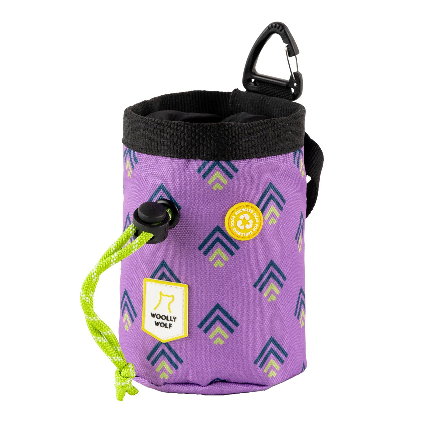 A small purple fabric pouch with blue and yellow geometric patterns, a yellow drawstring, a black clip, and a label that reads WOOLLY WOLF.