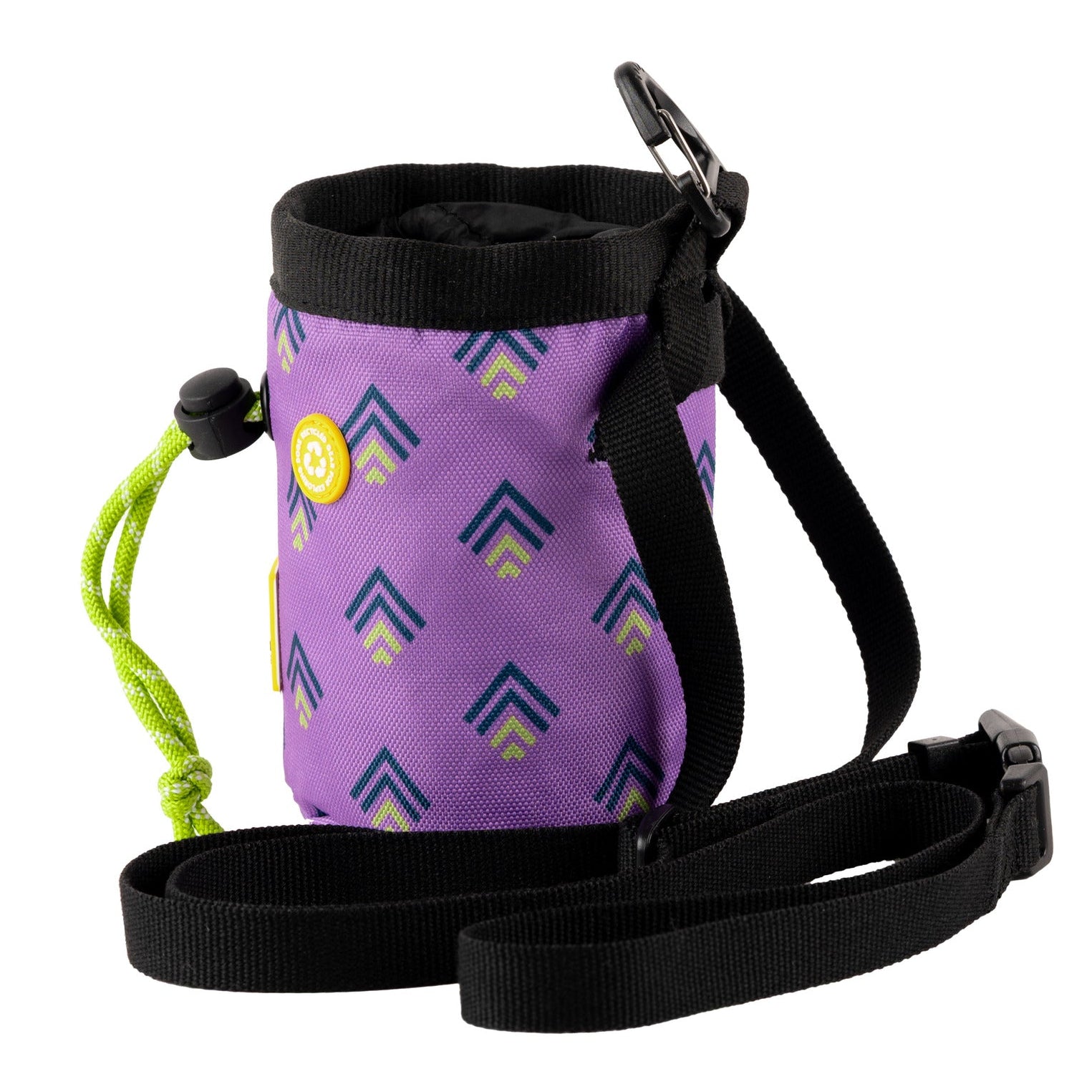 A small purple bag with a geometric pattern, black trim, a green drawstring, and an adjustable black shoulder strap, set against a white background.