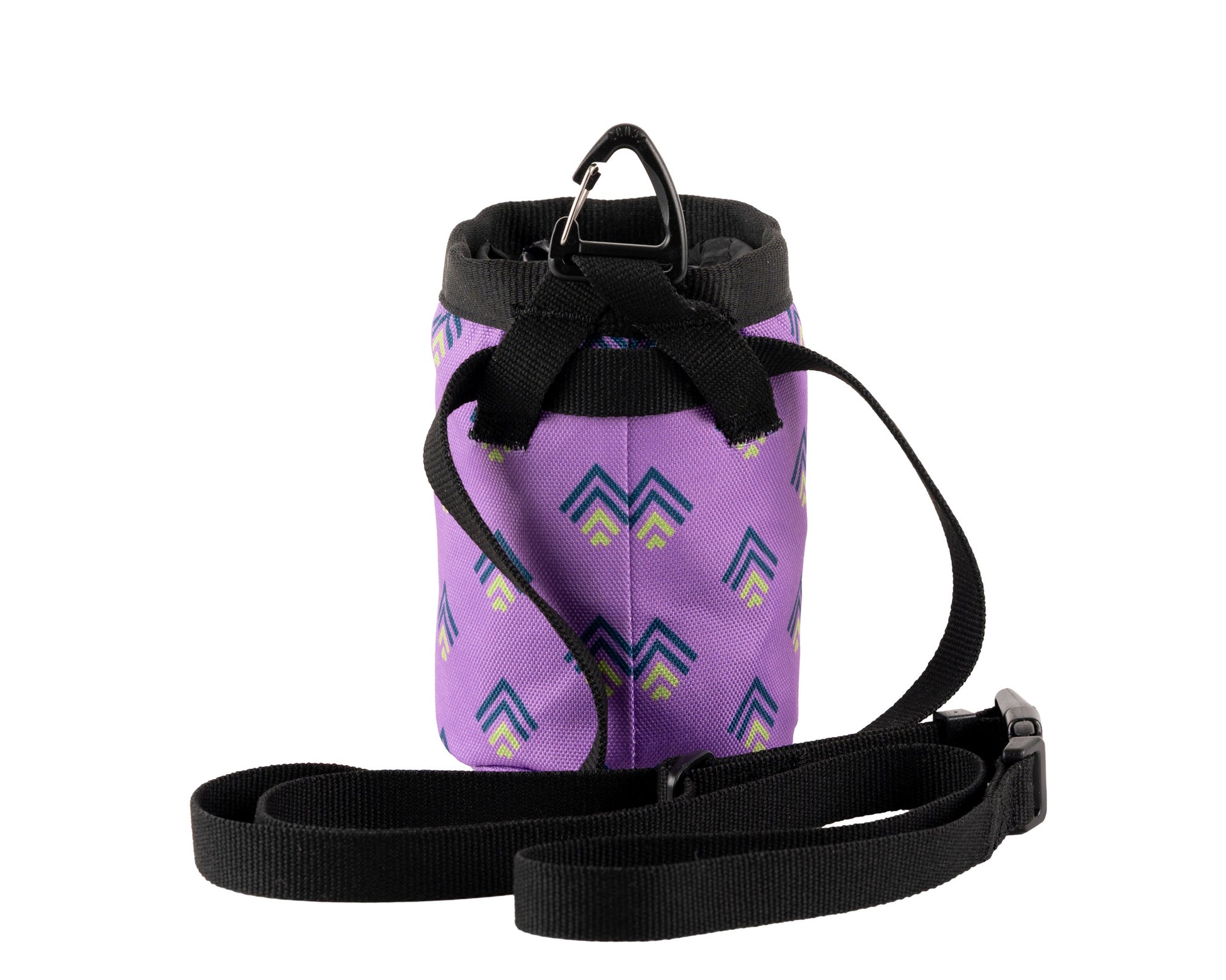A purple drawstring pouch with a geometric arrow pattern, black trim, and a black adjustable strap with a plastic buckle, shown against a white background.