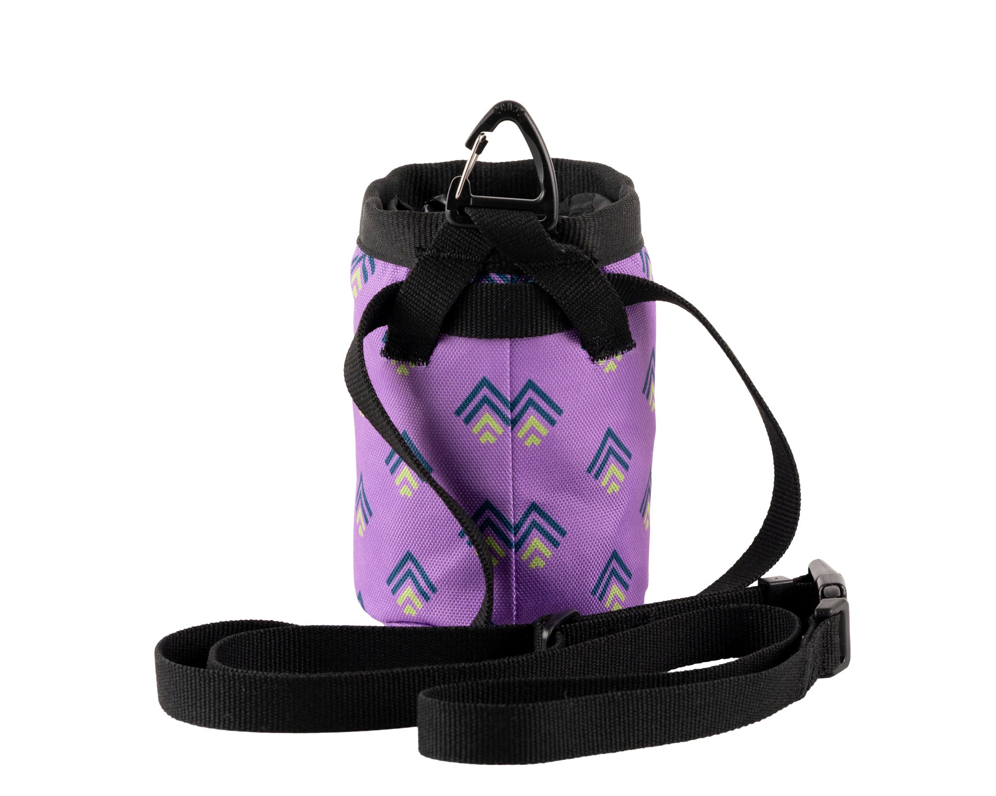 A purple drawstring pouch with a geometric arrow pattern, black trim, and a black adjustable strap with a plastic buckle, shown against a white background.