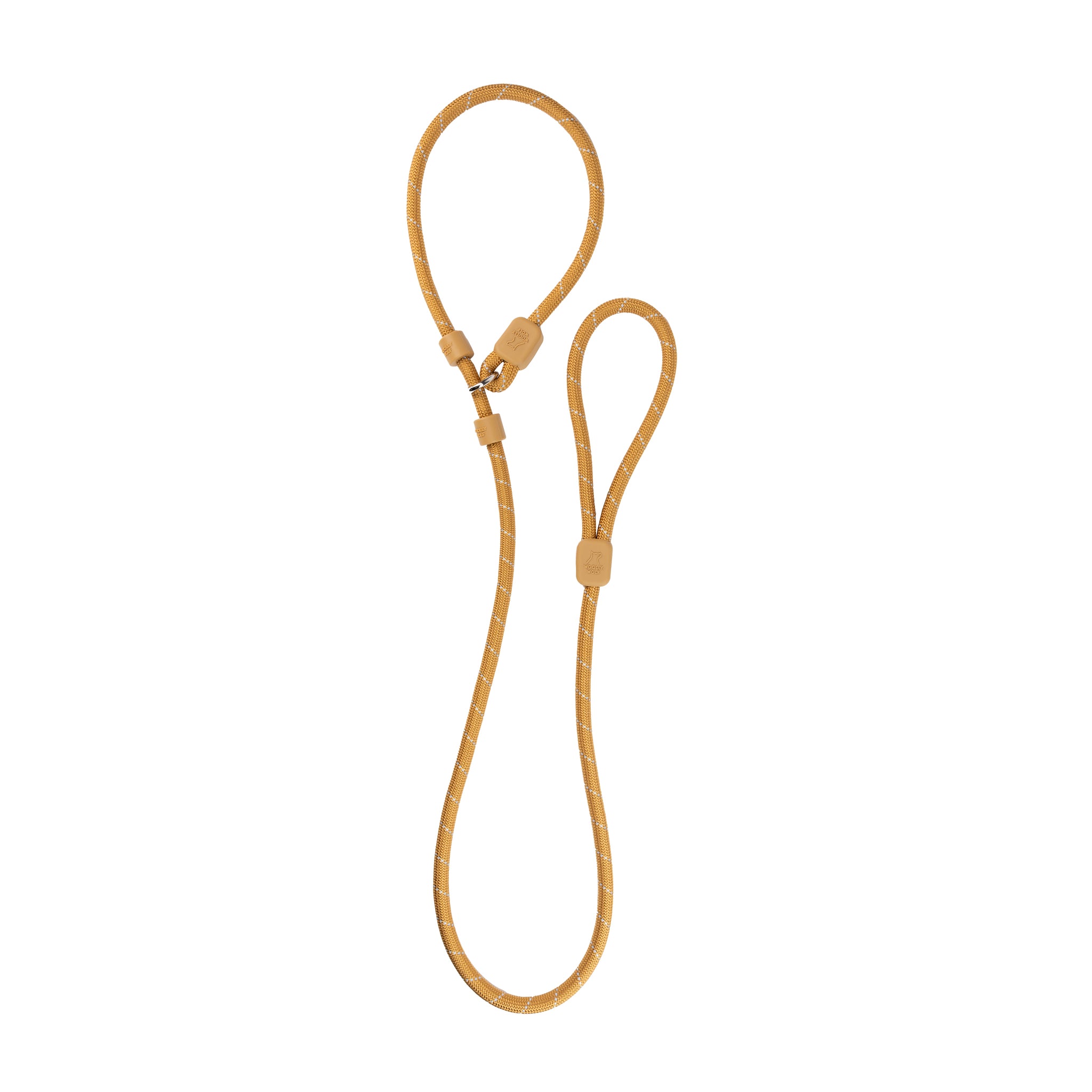 Tan slip leash with adjustable loops for dogs, isolated on a white background.